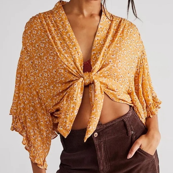 Free People Tops - Free People Calisto Bed Jacket in Honey/Gold Tie Front Top | NEW/NWOT!!💛💛
